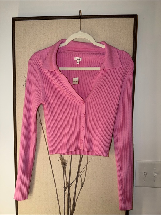 aerie Tops - aerie Pink Ribbed Button-Up Collared Crop Cardigan
